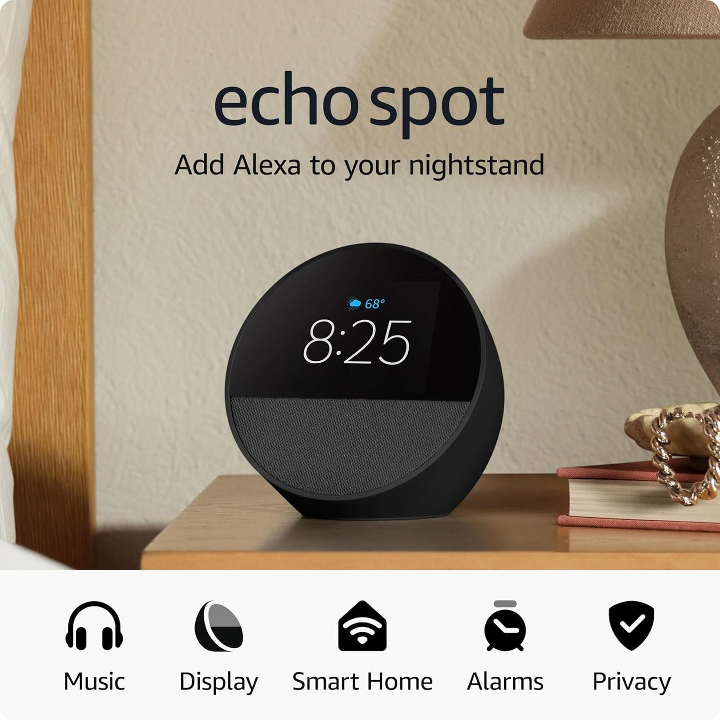 Echo Spot (Newest Model) Great for Nightstands, Offices & Kitchens - Smart Alarm Clock with Alexa