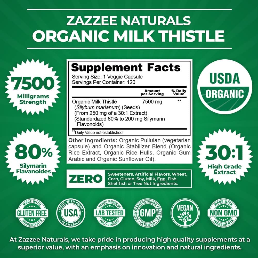 USDA Organic Milk Thistle 30:1 Extract, 7500 Mg Strength, 80% Silymarin Flavonoids, Standardized & Concentrated 30X Extract, 100% Vegetarian, All-Natural & Non-GMO