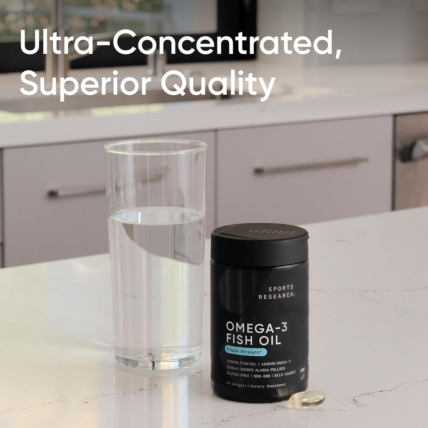 Sports Research Triple Strength Omega 3 Fish Oil - Burpless Fish Oil Supplement w/Epa & DHA Fatty Acids, Single-Source Wild Alaskan Pollock