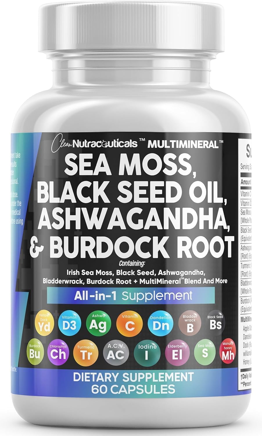 Sea Moss Black Seed Oil Ashwagandha Turmeric Bladderwrack Burdock, Vitamin C + D3, Elderberry, Manuka Dandelion Yellow Dock Iodine Chlorophyll