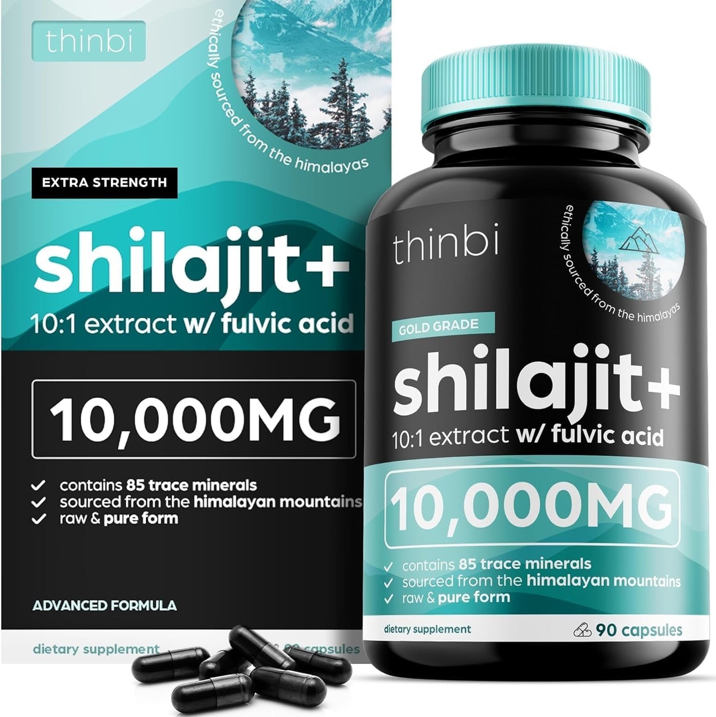 Thinbi Himalayan Shilajit 10000Mg Max Potency Capsules w/Fulvic Acid & Trace Minerals for Enhanced Energy & Immune Support. Better than Shilajit Resin