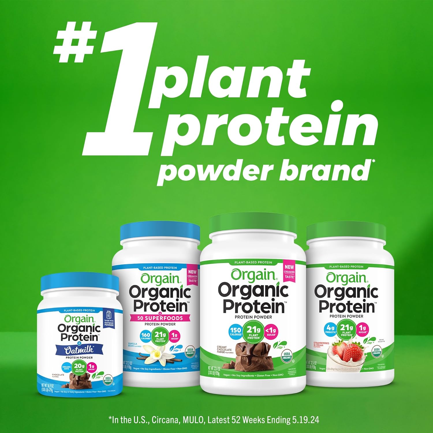 Orgain Organic Vegan Protein + 50 Superfoods Powder, Vanilla Bean - 21G Plant Based Protein, 8G Prebiotic Fiber, No Lactose Ingredients, Gluten Free, No Added Sugar, Non-GMO