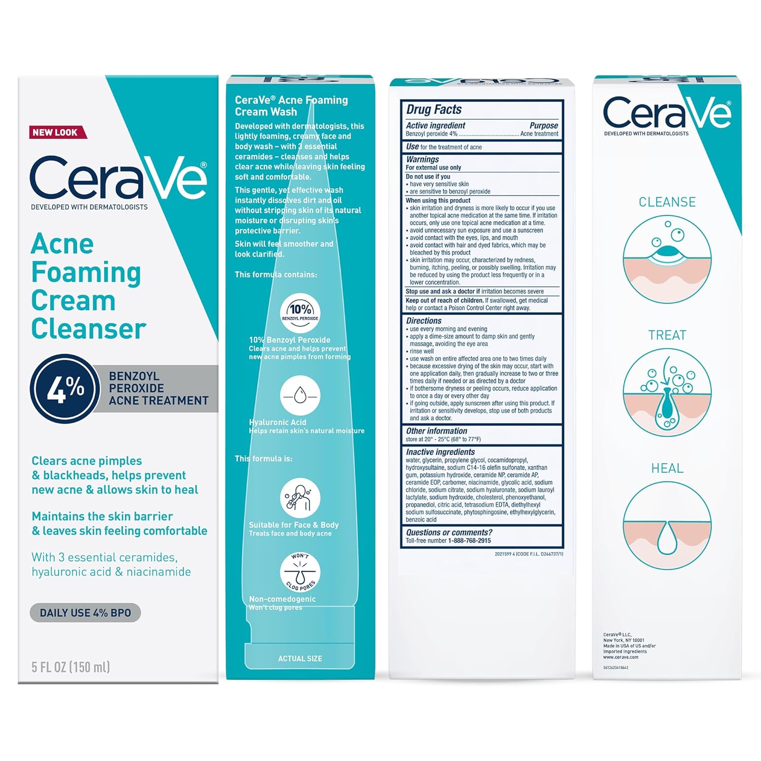 CeraVe Acne Foaming Cream Cleanser - 4% Benzoyl Peroxide Face Wash with Hyaluronic Acid, Niacinamide & Ceramides