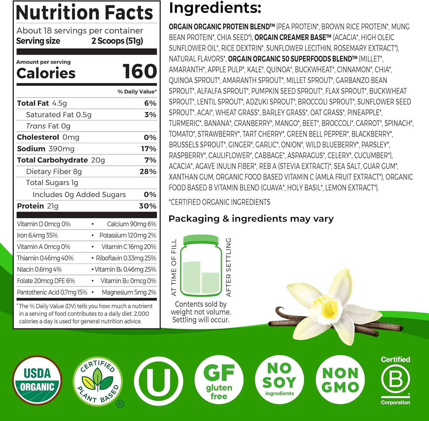 Orgain Organic Vegan Protein + 50 Superfoods Powder, Vanilla Bean - 21G Plant Based Protein, 8G Prebiotic Fiber, No Lactose Ingredients, Gluten Free, No Added Sugar, Non-GMO