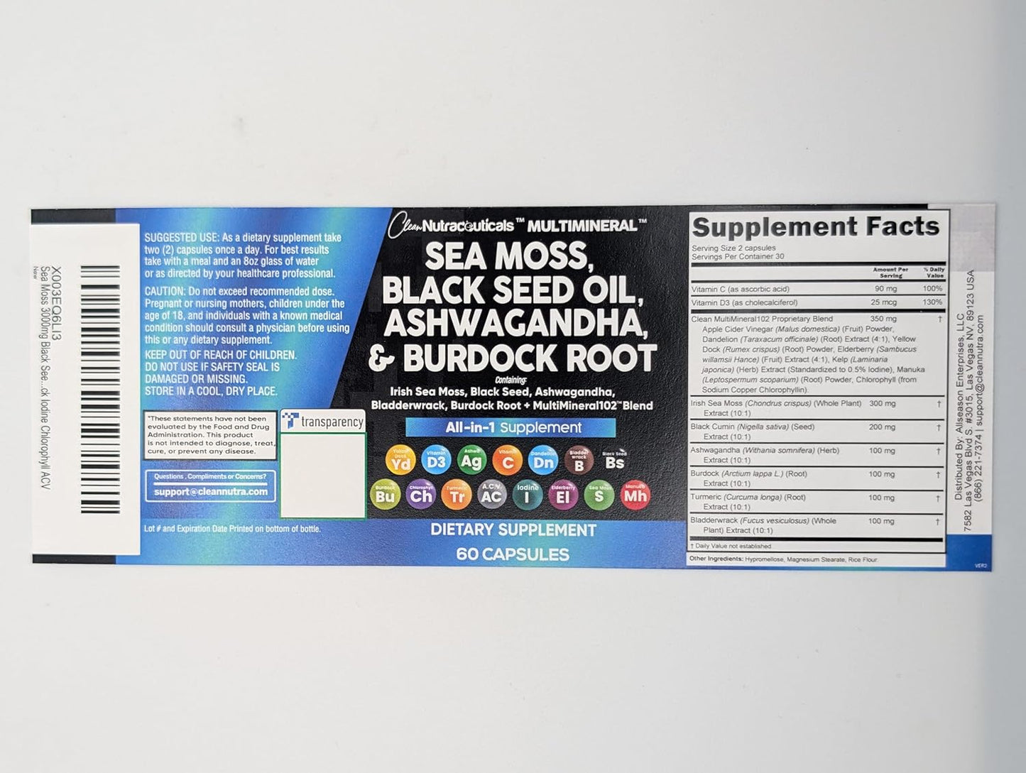 Sea Moss Black Seed Oil Ashwagandha Turmeric Bladderwrack Burdock, Vitamin C + D3, Elderberry, Manuka Dandelion Yellow Dock Iodine Chlorophyll