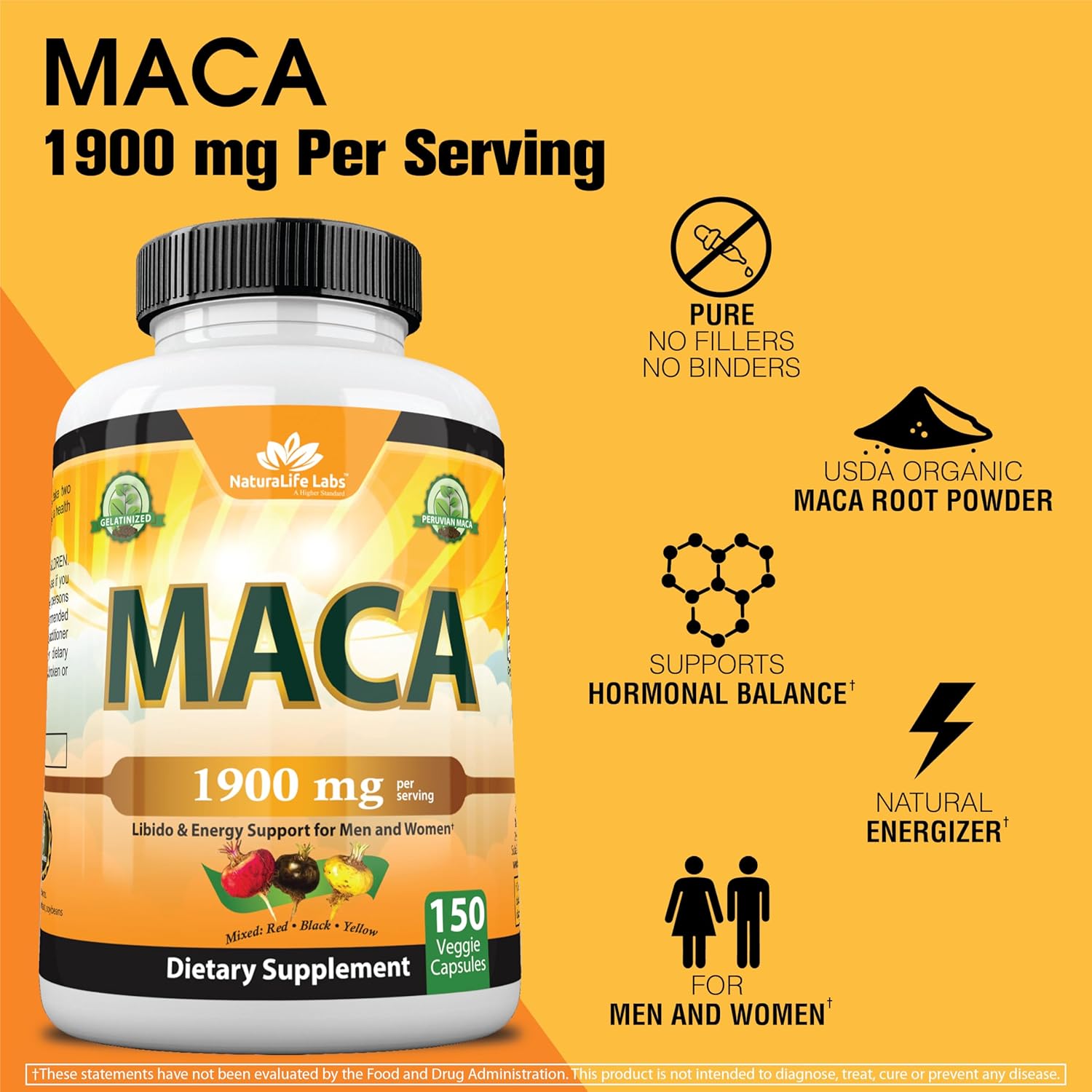 NaturaLife Labs Organic Maca Root Black, Red, Yellow 1900 MG per Serving - Peruvian Maca Root Gelatinized 100% Pure Non-GMO Supports Reproductive Health