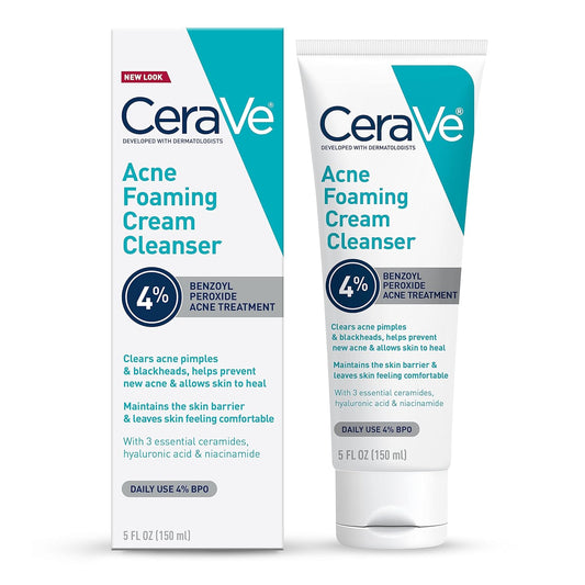 CeraVe Acne Foaming Cream Cleanser - 4% Benzoyl Peroxide Face Wash with Hyaluronic Acid, Niacinamide & Ceramides
