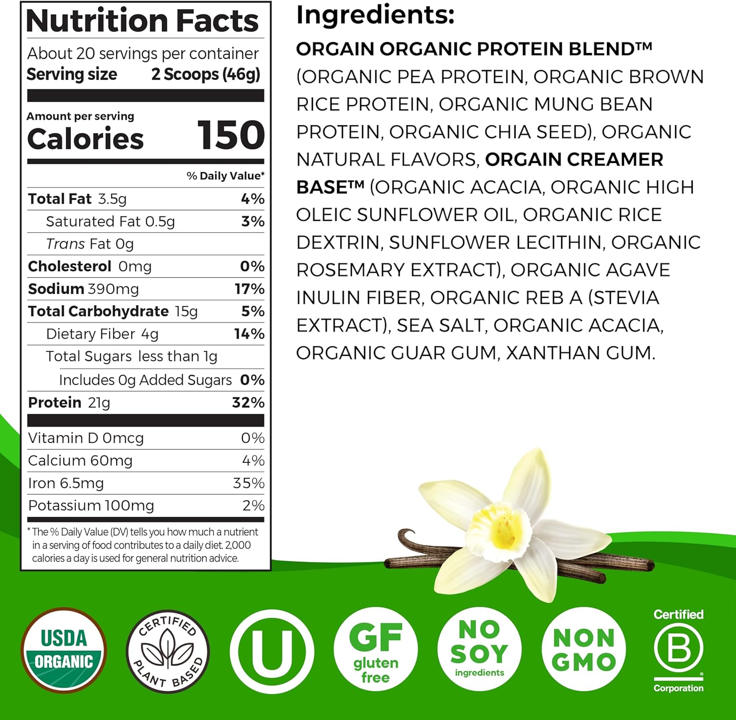 Orgain Organic Vegan Protein Powder, Vanilla Bean - 21G Plant Protein, 6G Prebiotic Fiber, No Lactose Ingredients, No Added Sugar, Non-GMO