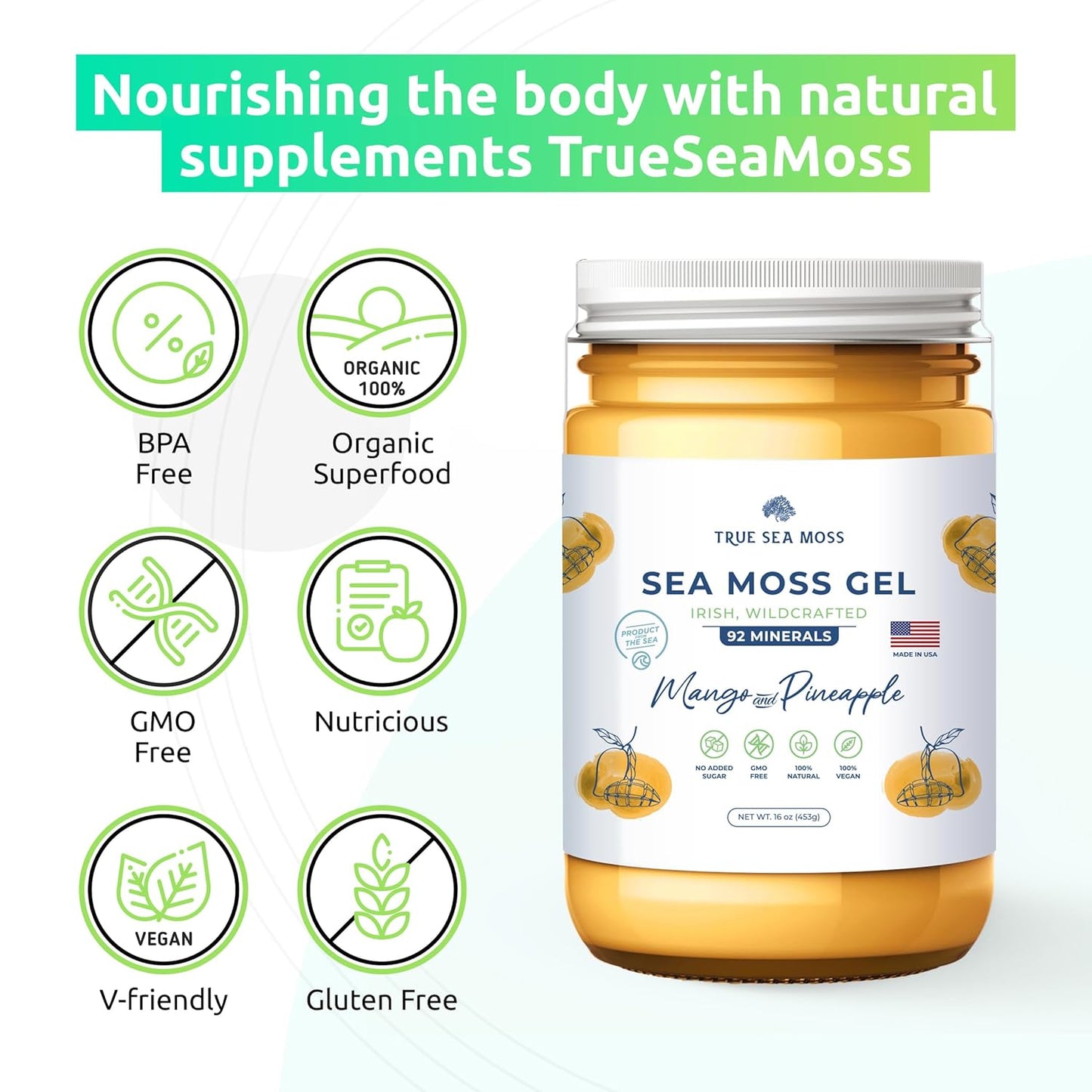 Wildcrafted Irish Sea Moss Gel –7 Flavors- Nutritious Raw Seamoss Rich in Minerals, Proteins & Vitamins – Antioxidant Health Sea Moss, Vegan Made in USA (MANGO/PINEAPPLE, 1)