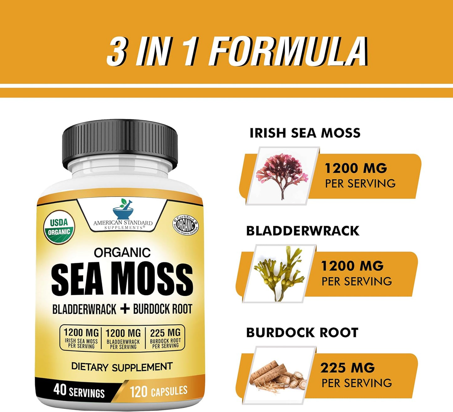 Organic Sea Moss, Bladderwrack & Burdock Root Capsules - 1200Mg Sea Moss, 1200Mg Bladderwrack, 225Mg Burdock Root per Serving