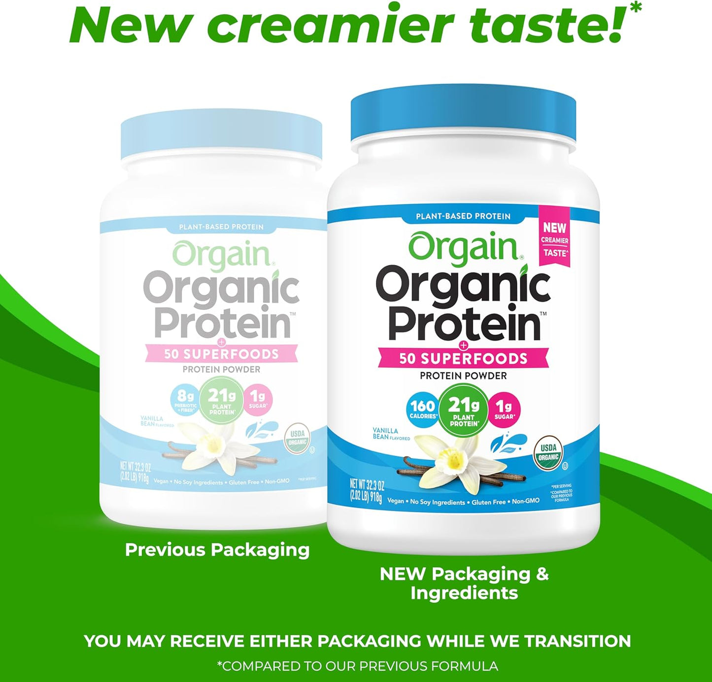 Orgain Organic Vegan Protein + 50 Superfoods Powder, Vanilla Bean - 21G Plant Based Protein, 8G Prebiotic Fiber, No Lactose Ingredients, Gluten Free, No Added Sugar, Non-GMO