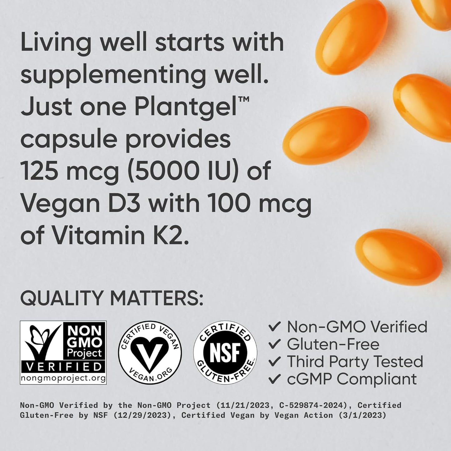 Vitamin D3 K2 with Coconut Oil | Plant Based Vitamin K2 MK7 + Vegan D3 5000Iu | Vegan Certified, Soy & Gluten Free - 60 Count Softgels