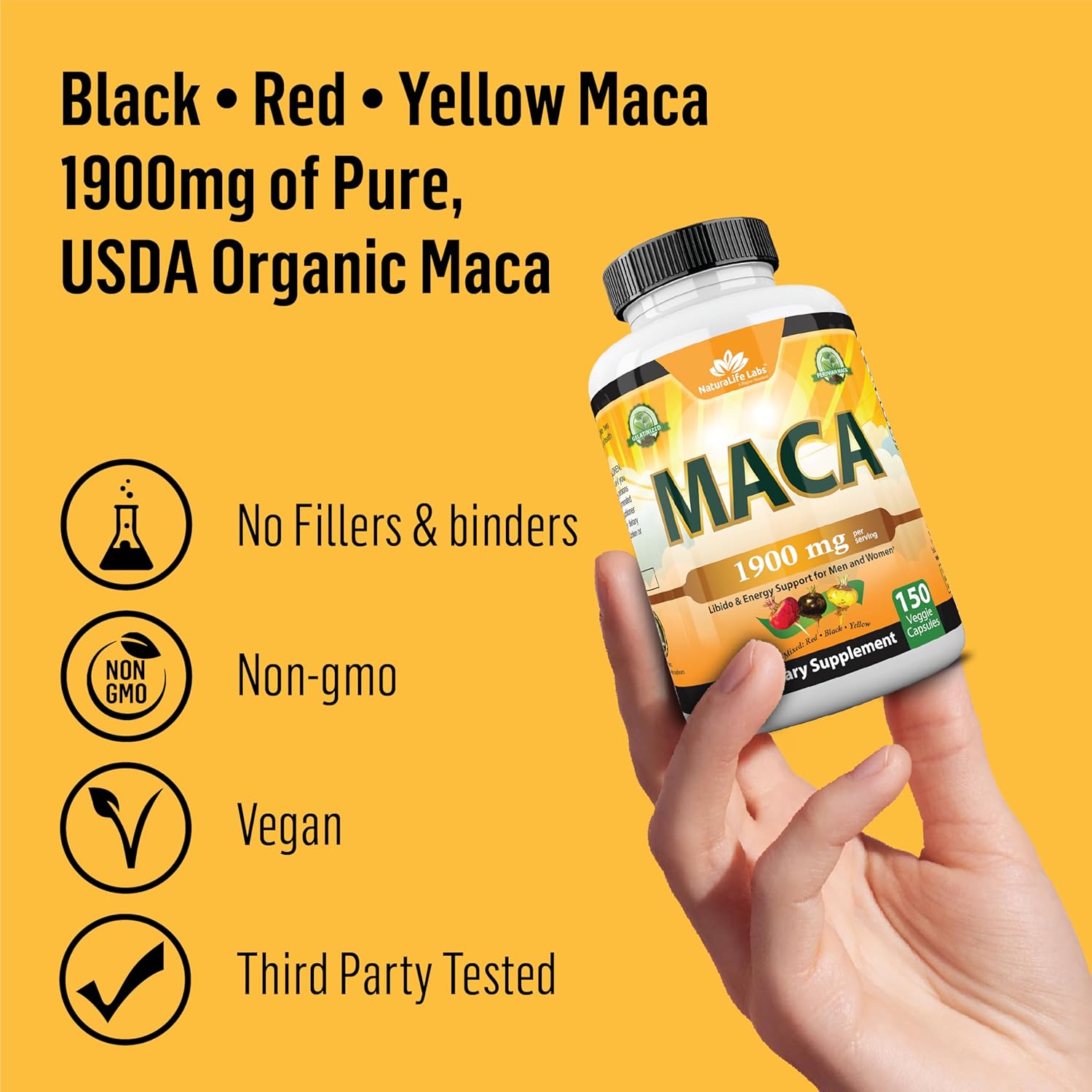 NaturaLife Labs Organic Maca Root Black, Red, Yellow 1900 MG per Serving - Peruvian Maca Root Gelatinized 100% Pure Non-GMO Supports Reproductive Health