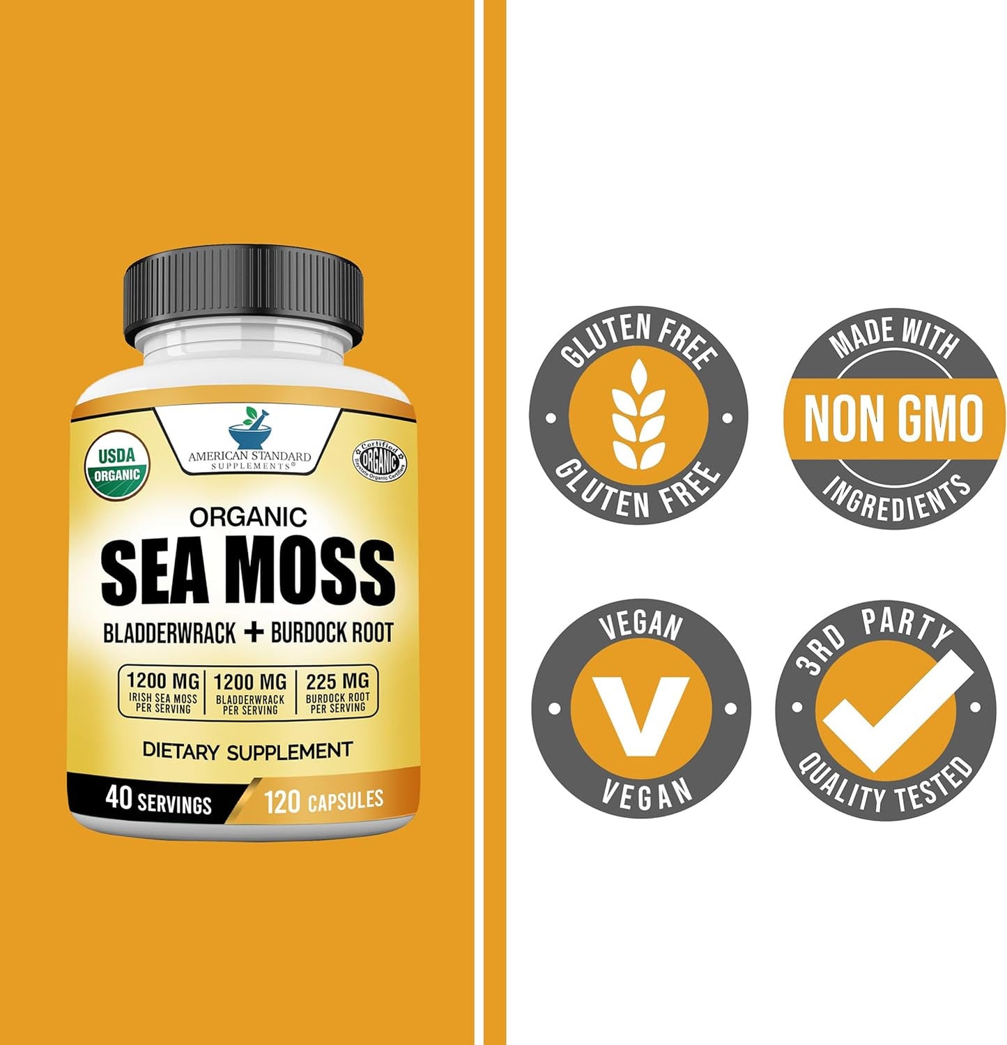 Organic Sea Moss, Bladderwrack & Burdock Root Capsules - 1200Mg Sea Moss, 1200Mg Bladderwrack, 225Mg Burdock Root per Serving