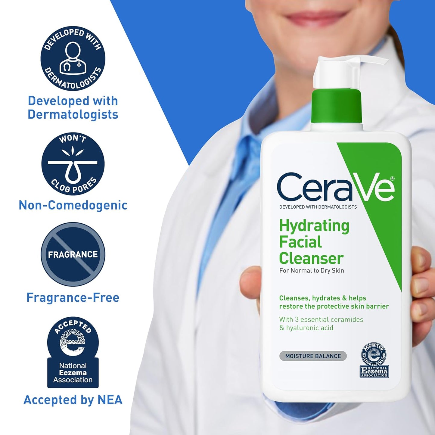 CeraVe Hydrating Facial Moisturizing Face Wash for Dry Skin, Hyaluronic Acid + Ceramides + Glycerin, National Eczema Association Certified