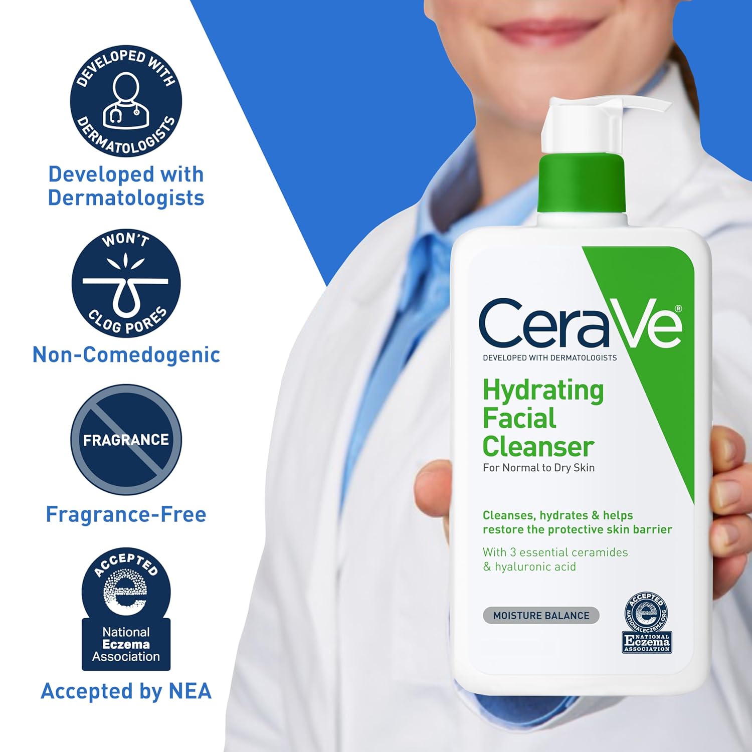 CeraVe Hydrating Facial Moisturizing Face Wash for Dry Skin, Hyaluronic Acid + Ceramides + Glycerin, National Eczema Association Certified