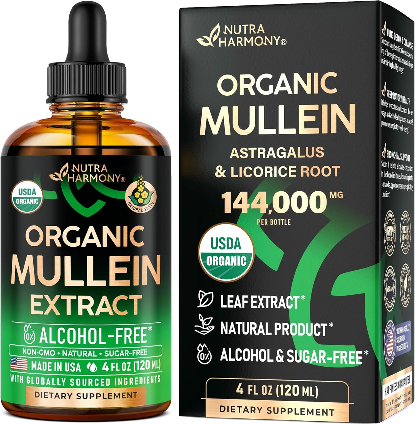 Nutra Harmony Organic Mullein Drops - Astragalus & Licorice Root - Lung & Bronchial Cleanse for Smokers - Respiratory Health Support