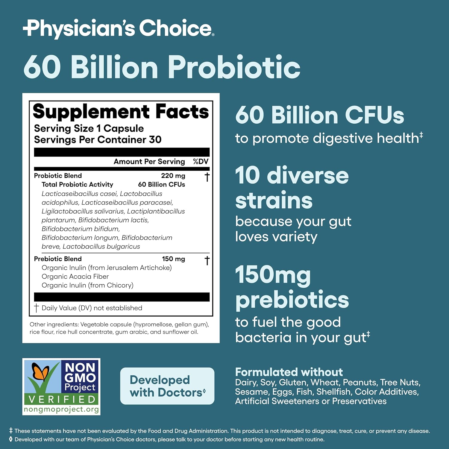 Physician's Choice Probiotics 60 Billion CFU - 10 Strains + Organic Prebiotics - Immune, Digestive & Gut Health - Supports Constipation, Diarrhea, Gas & Bloating