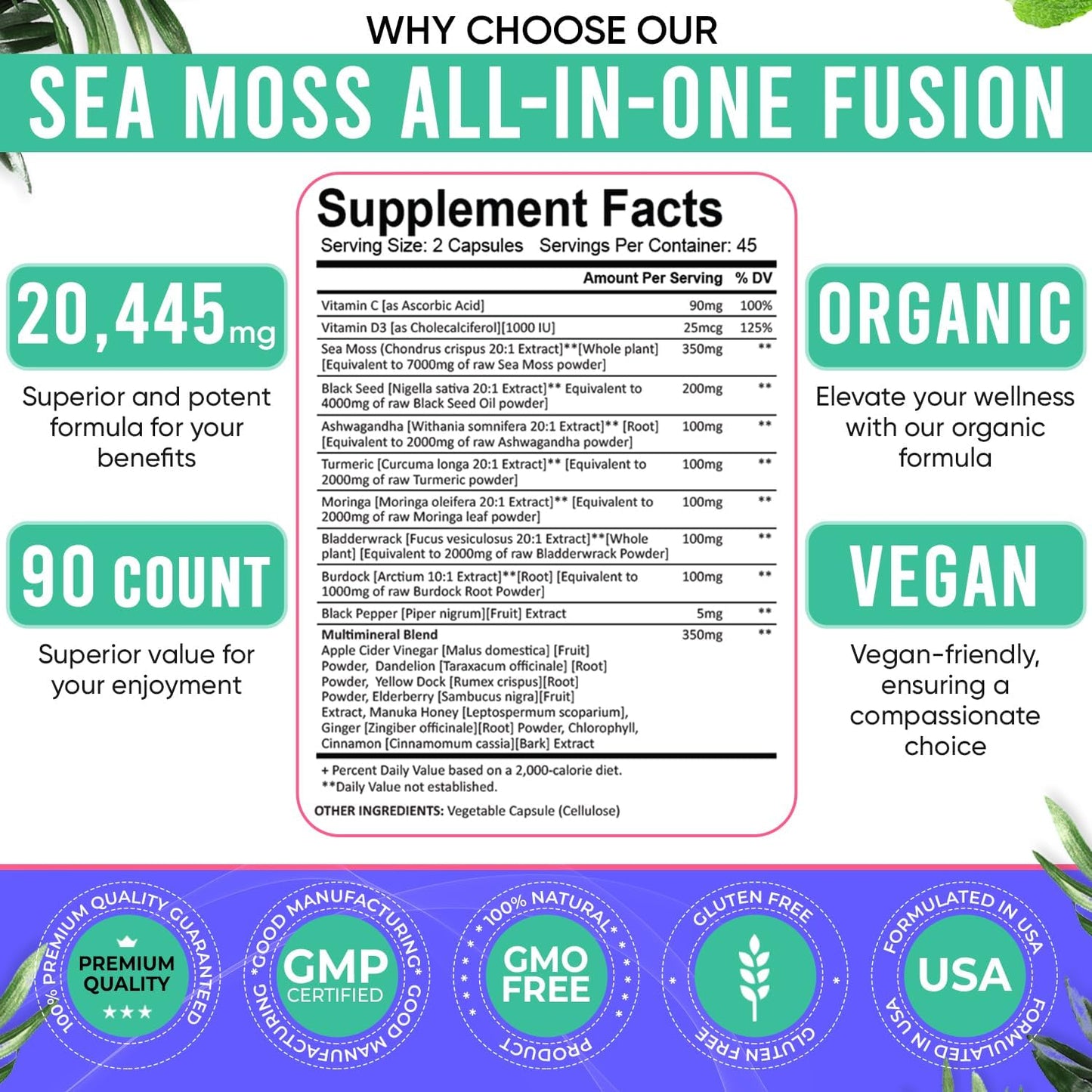 Sea Moss Black Seed Oil Ashwagandha Ginger Capsules. Sea Moss Capsules with Black Seed Oil, Ashwagandha, Turmeric, Moringa, Bladderwrack, Burdock Root, Manuka Honey, Cinnamon. 18-In-1 20’445 Mg/Serv