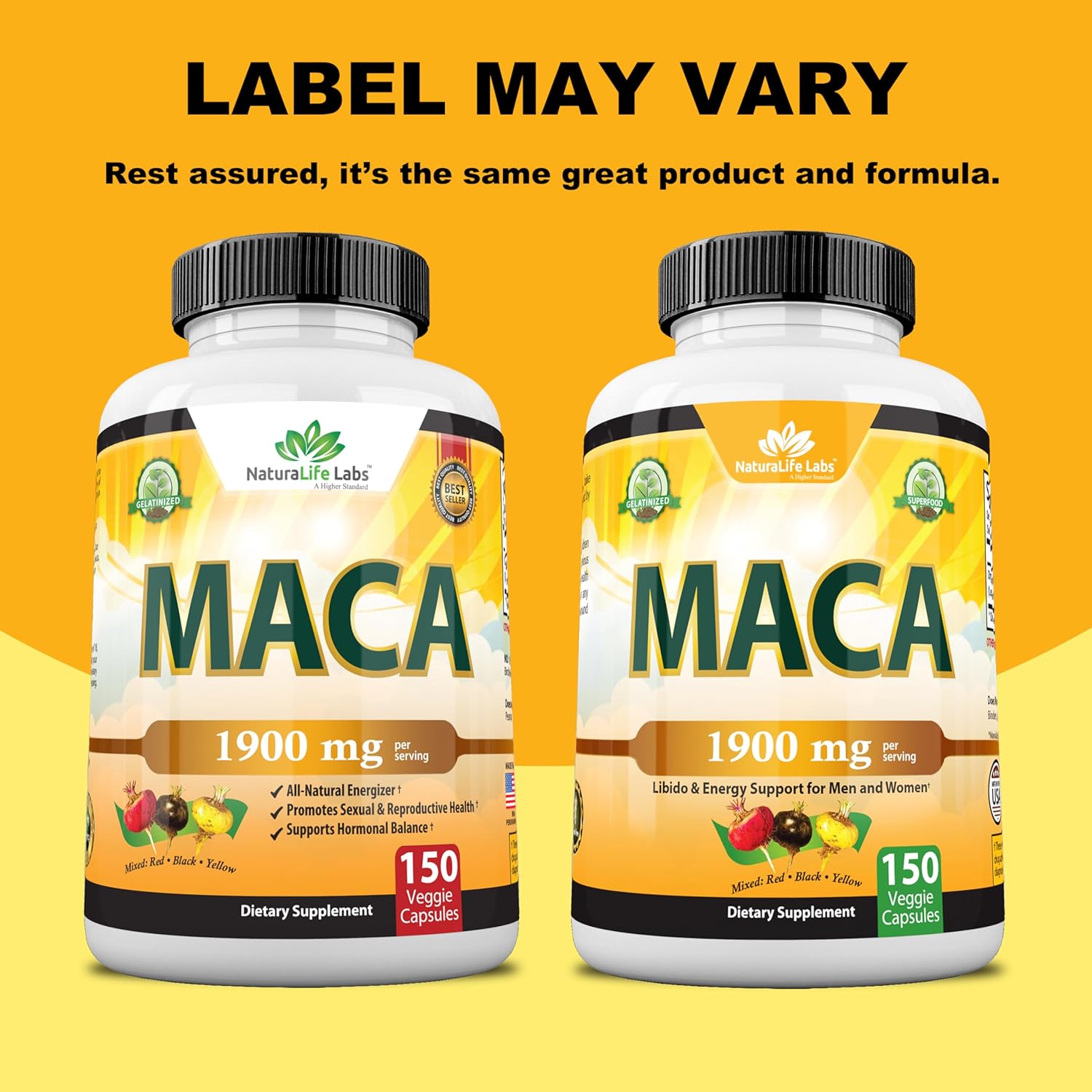 NaturaLife Labs Organic Maca Root Black, Red, Yellow 1900 MG per Serving - Peruvian Maca Root Gelatinized 100% Pure Non-GMO Supports Reproductive Health