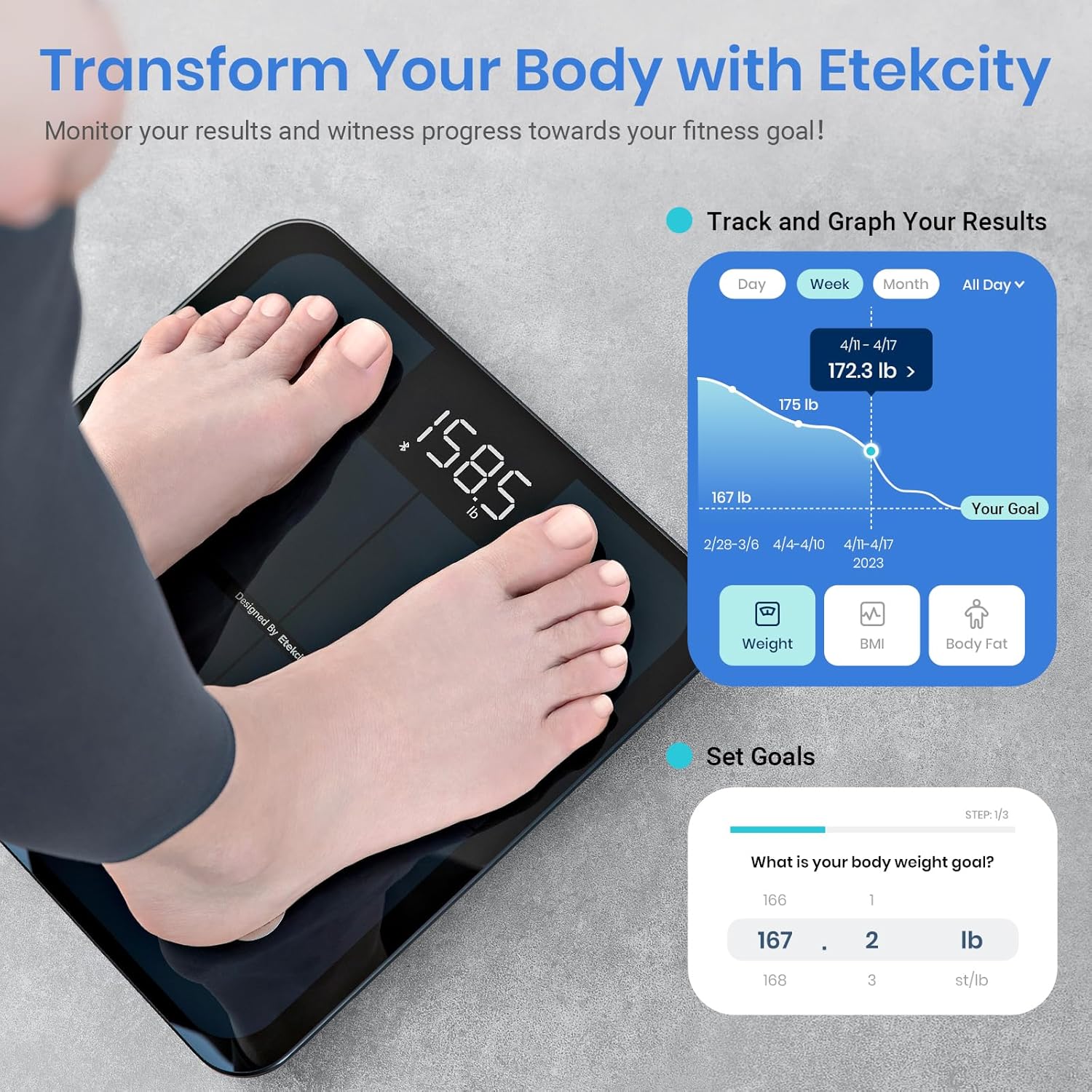 Etekcity Smart Digital Scale for Body Weight FSA HSA Eligible with BMI, Body Fat, Muscle Mass, Accurate Bluetooth, Sync Apps