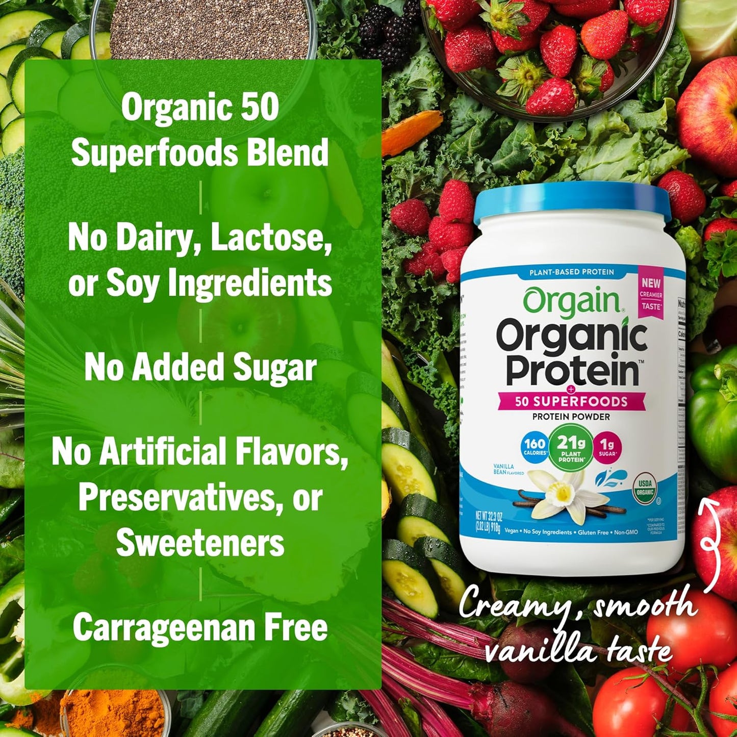 Orgain Organic Vegan Protein + 50 Superfoods Powder, Vanilla Bean - 21G Plant Based Protein, 8G Prebiotic Fiber, No Lactose Ingredients, Gluten Free, No Added Sugar, Non-GMO
