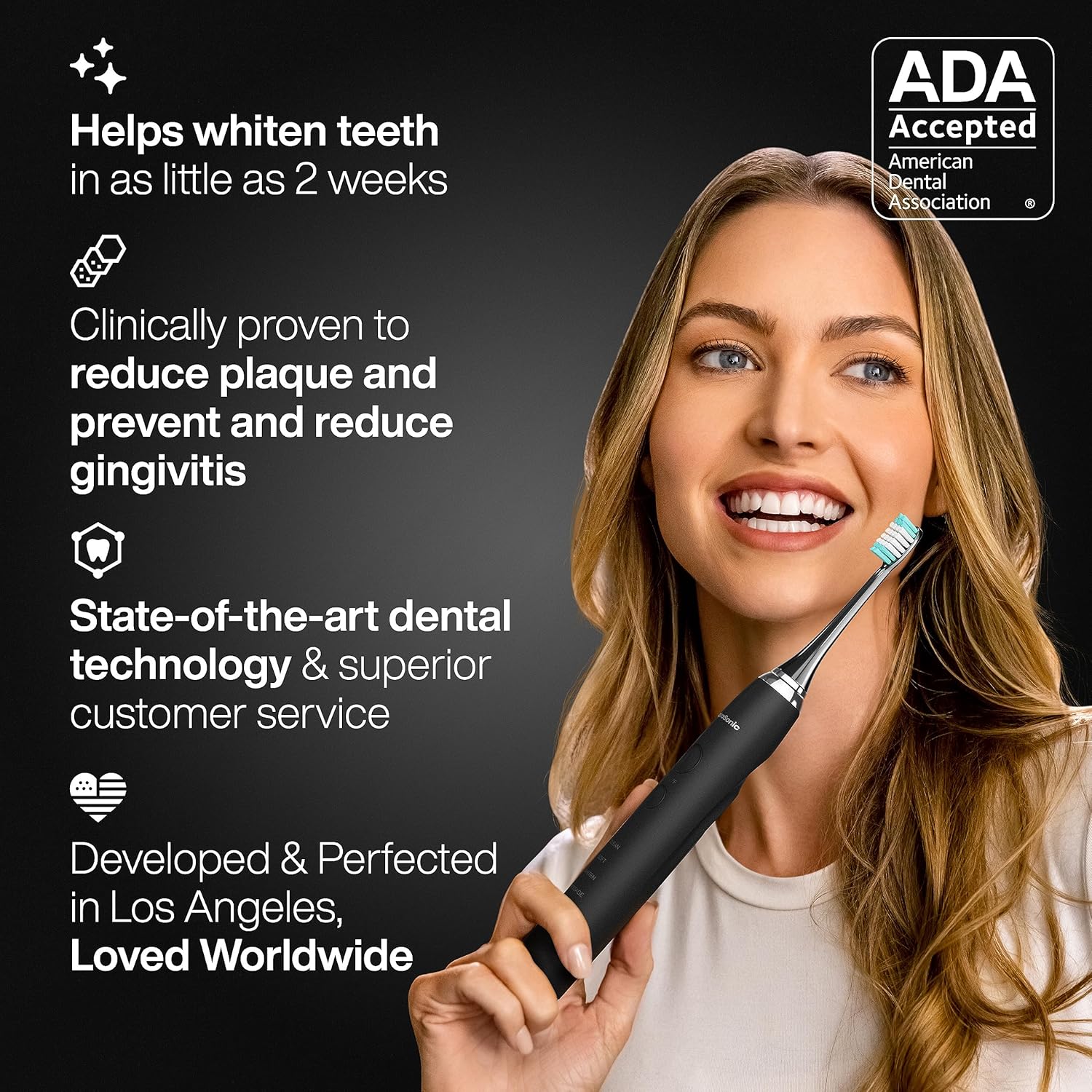 Black Series Ultra Whitening Toothbrush – ADA Accepted Electric Toothbrush- 8 Brush Heads & Travel Case – 40,000 VPM Electric Motor & Wireless Charging - 4 Modes W Smart Timer