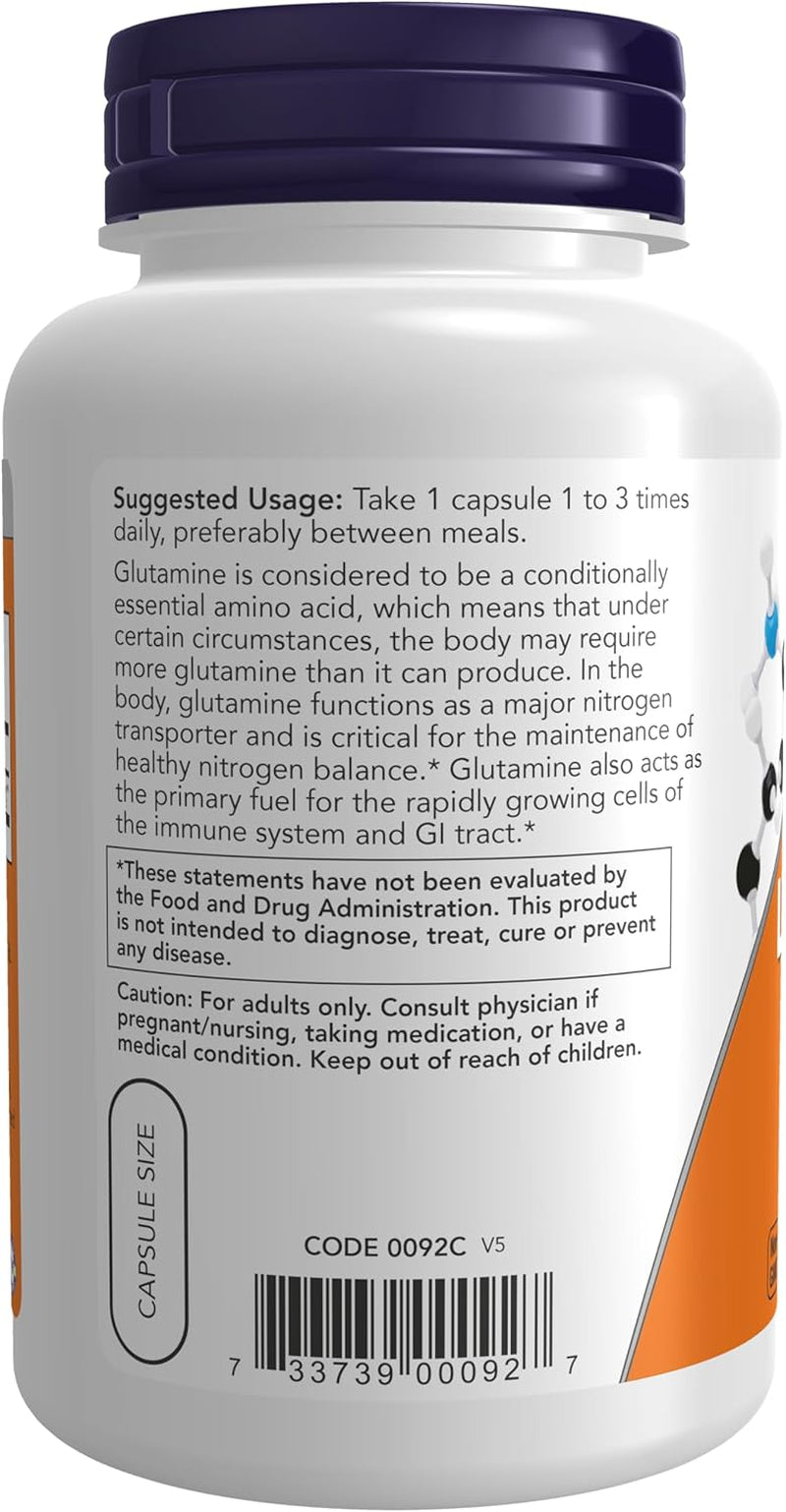 NOW Foods Supplements L-Glutamine 500 Mg - Nitrogen Transporter - Vegan Capsules