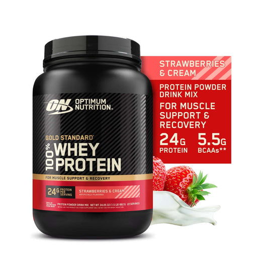 Whey Gold Standard 100% Whey Protein Powder, Strawberries & Cream, 1.5 Lb, 22 Servings