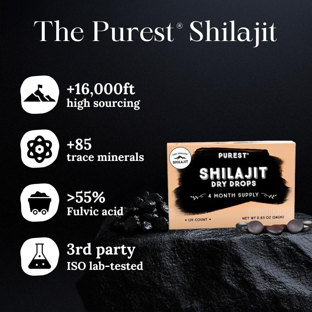 Dry Drops, 100% Pure Natural Shilajit, Grade A, Max Potency 85+ Clean Trace Minerals & Fulvic Acid for Energy, Metabolism & Immune Support Supplement for Men & Women (120 Tabs)