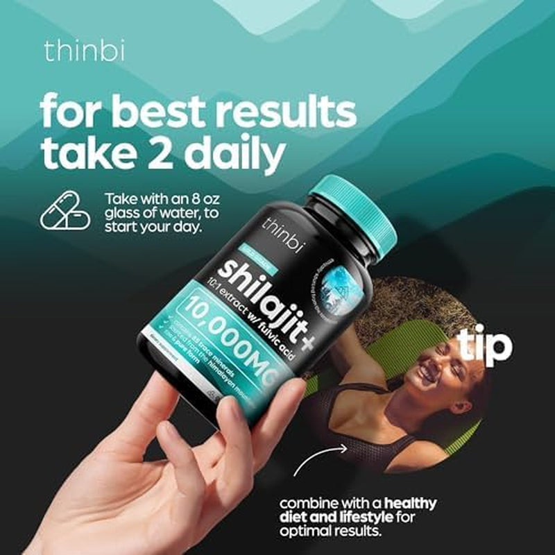Thinbi Himalayan Shilajit 10000Mg Max Potency Capsules w/Fulvic Acid & Trace Minerals for Enhanced Energy & Immune Support. Better than Shilajit Resin