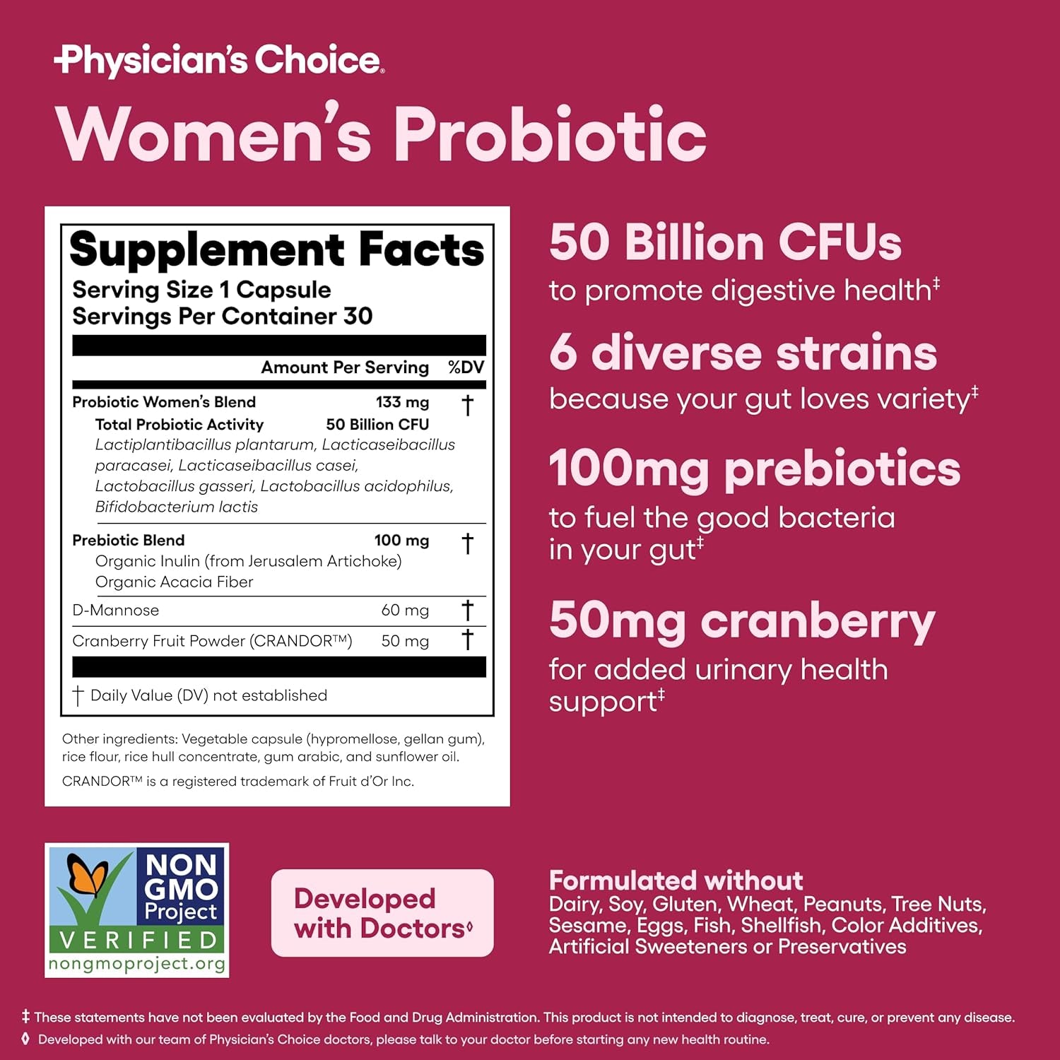 Physician's Choice Probiotics for Women - PH Balance, Digestive, UT & Feminine Health - 50 Billion CFU - 6 Unique Strains for Her - Organic Prebiotics, Cranberry Extract