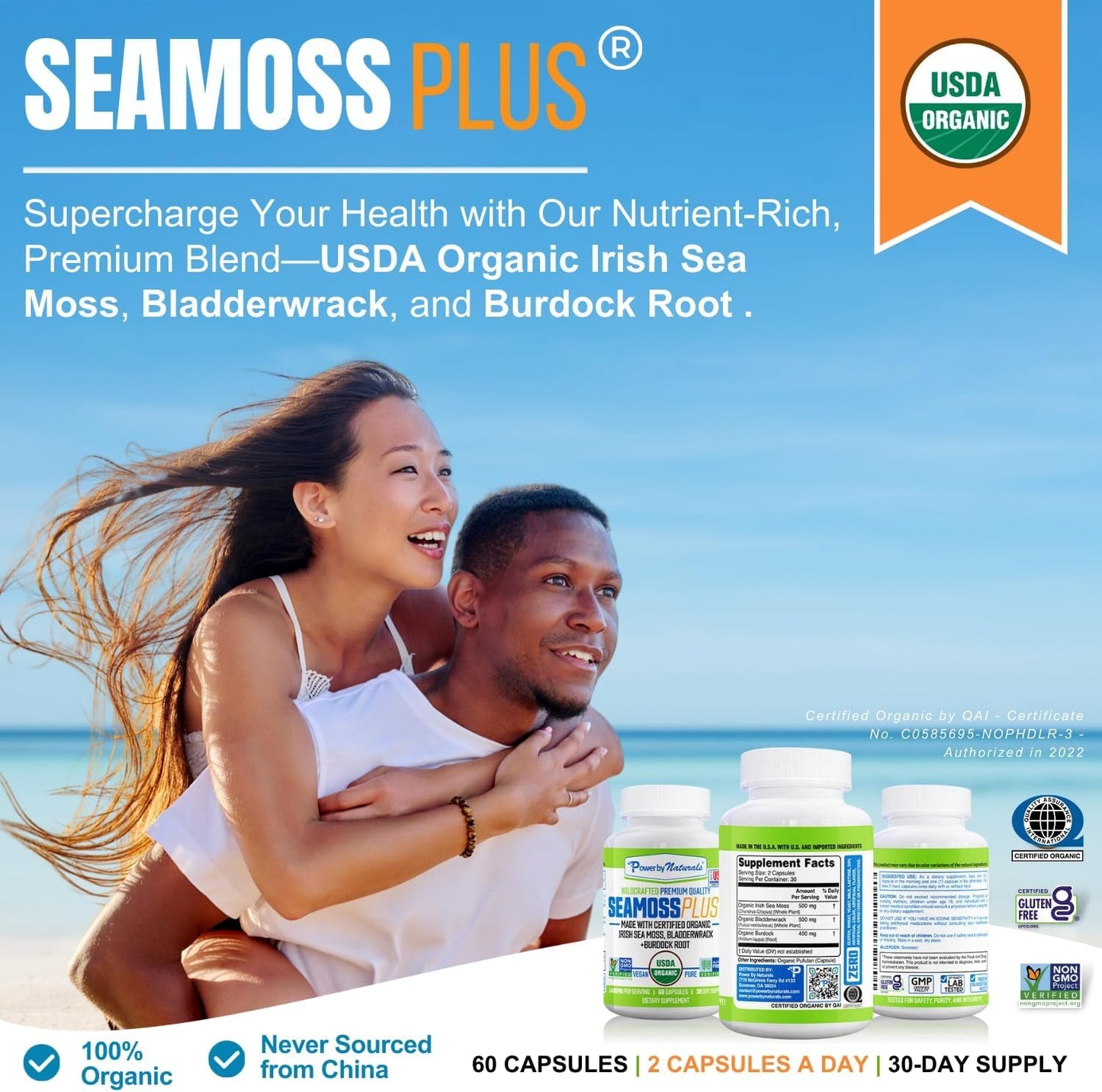 Sea Moss plus - USDA Organic Irish Sea Moss Capsules W/Wild Harvested Irish Seamoss, Bladderwrack & Burdock Root Immunity Supplement Sea Moss Pills for Adult 60Ct - 1 Pack