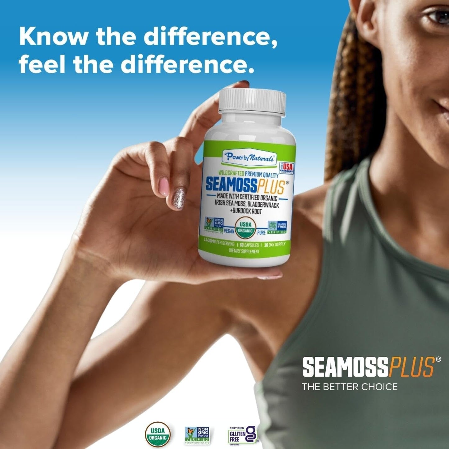 Sea Moss plus - USDA Organic Irish Sea Moss Capsules W/Wild Harvested Irish Seamoss, Bladderwrack & Burdock Root Immunity Supplement Sea Moss Pills for Adult 60Ct - 1 Pack