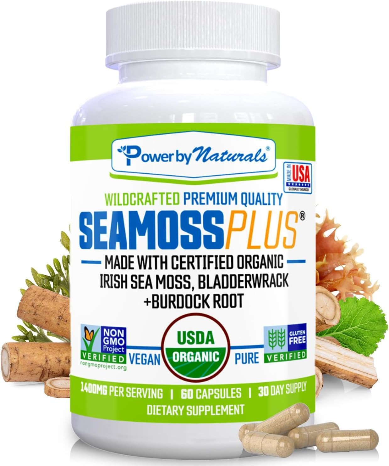 Sea Moss plus - USDA Organic Irish Sea Moss Capsules W/Wild Harvested Irish Seamoss, Bladderwrack & Burdock Root Immunity Supplement Sea Moss Pills for Adult 60Ct - 1 Pack