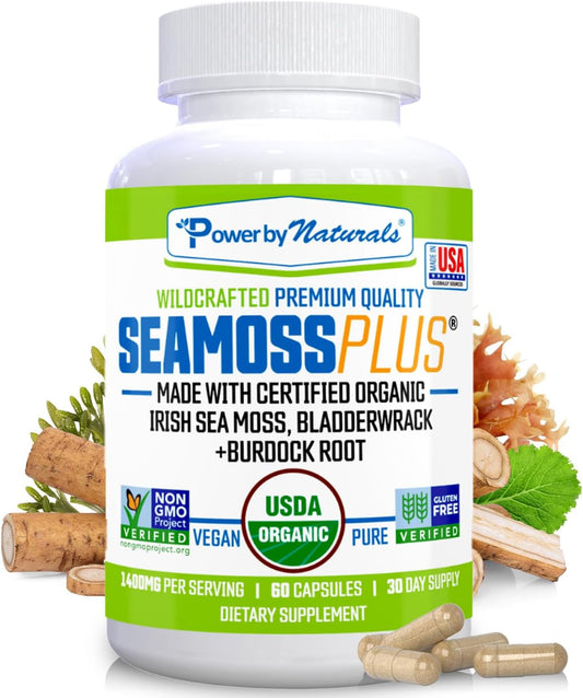 Sea Moss plus - USDA Organic Irish Sea Moss Capsules W/Wild Harvested Irish Seamoss, Bladderwrack & Burdock Root Immunity Supplement Sea Moss Pills for Adult 60Ct - 1 Pack