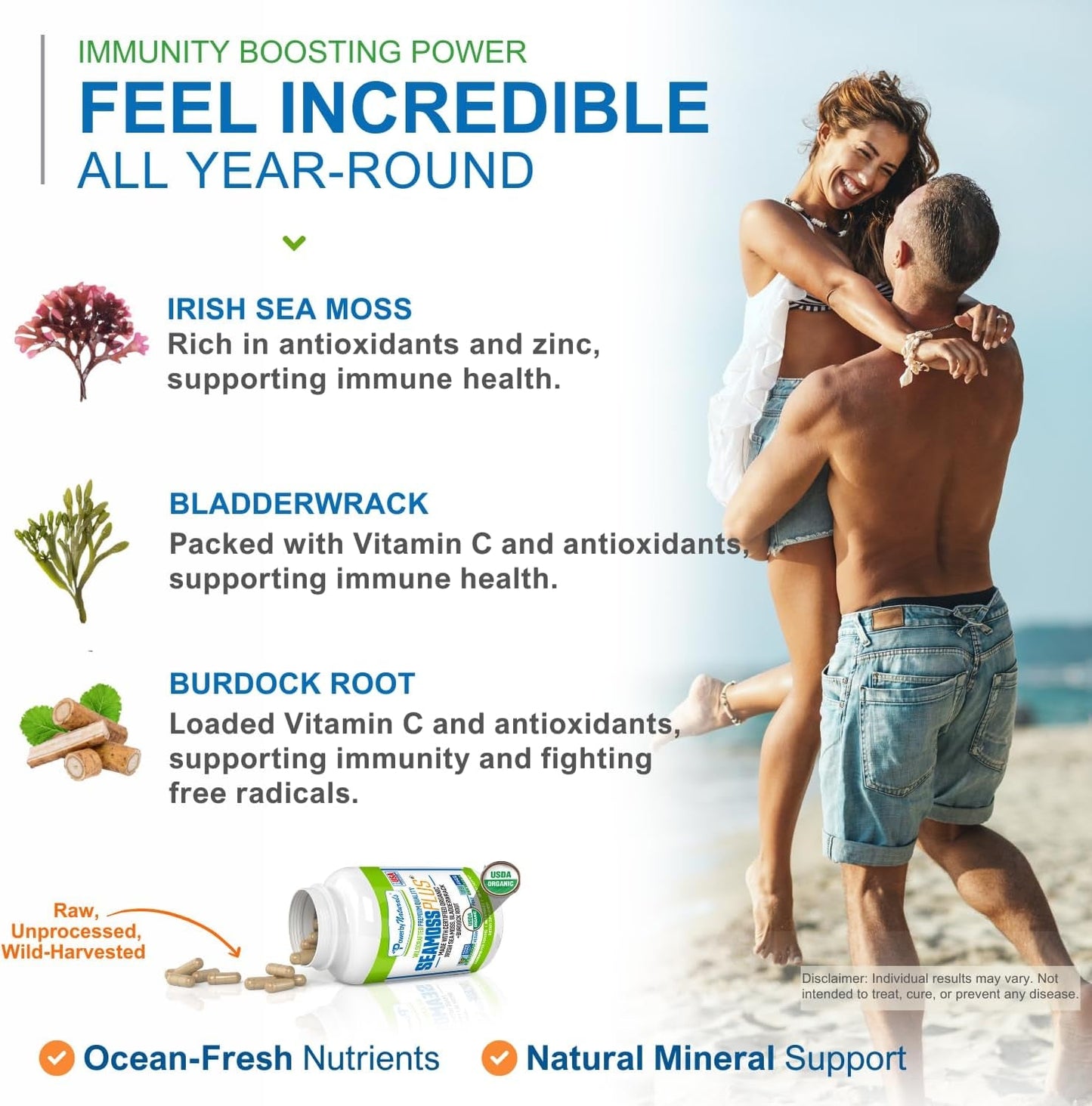 Sea Moss plus - USDA Organic Irish Sea Moss Capsules W/Wild Harvested Irish Seamoss, Bladderwrack & Burdock Root Immunity Supplement Sea Moss Pills for Adult 60Ct - 1 Pack