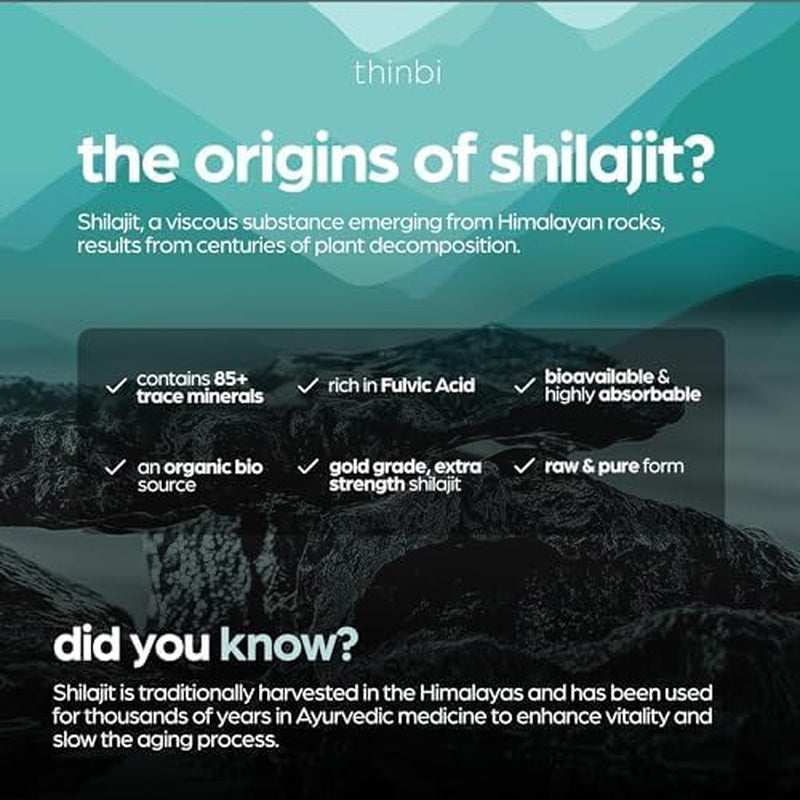Thinbi Himalayan Shilajit 10000Mg Max Potency Capsules w/Fulvic Acid & Trace Minerals for Enhanced Energy & Immune Support. Better than Shilajit Resin