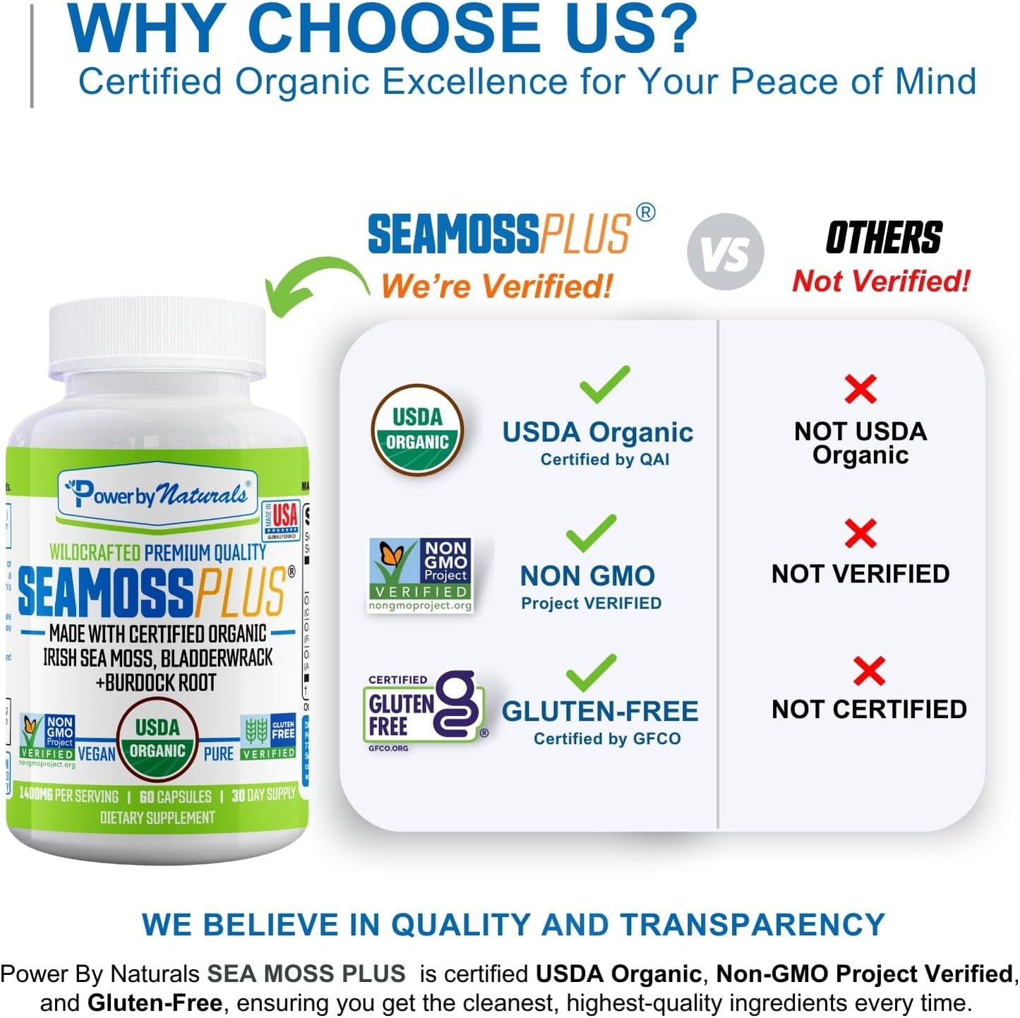 Sea Moss plus - USDA Organic Irish Sea Moss Capsules W/Wild Harvested Irish Seamoss, Bladderwrack & Burdock Root Immunity Supplement Sea Moss Pills for Adult 60Ct - 1 Pack
