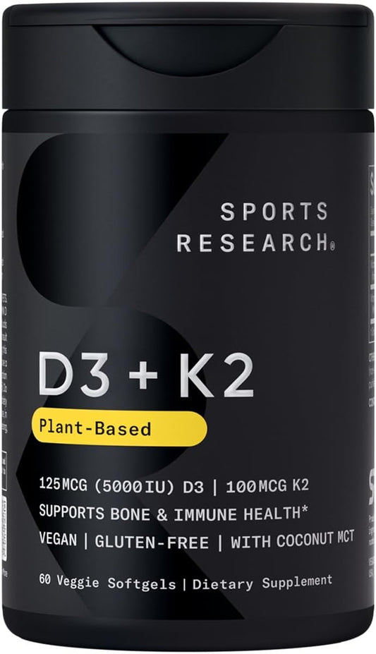 Sports Research Vitamin D3 K2 with Coconut Oil | Plant Based Vitamin K2 MK7 + Vegan D3 5000Iu | Vegan Certified, Soy & Gluten Free
