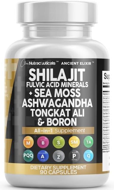 Shilajit Supplement with Sea Moss, Ashwagandha, Tongkat Ali, Boron, Magnesium - Fulvic Acid Capsules 