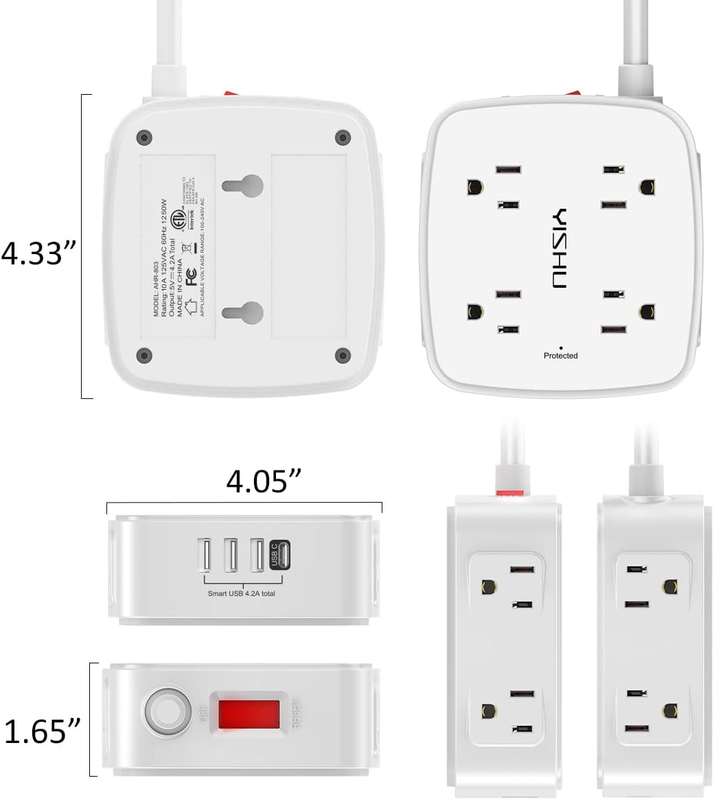 YISHU 6 Ft Surge Protector Power Strip - 8 Wide Outlets with 4 USB Ports - 3 Side Outlet Extender with 6 Feet Extension - Flat Plug 