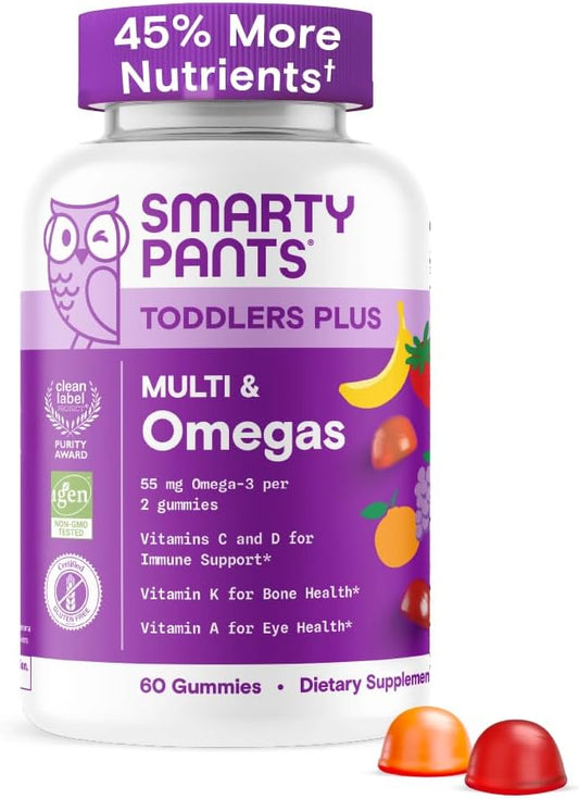 Smarty Pants Toddlers Plus Multivitamin Gummies - Omega 3 (DHA/EPA) - Vitamins D3, C, Vitamin B12, B6, A, K & Zinc - Biotin - Gluten Free - Ages 2-3