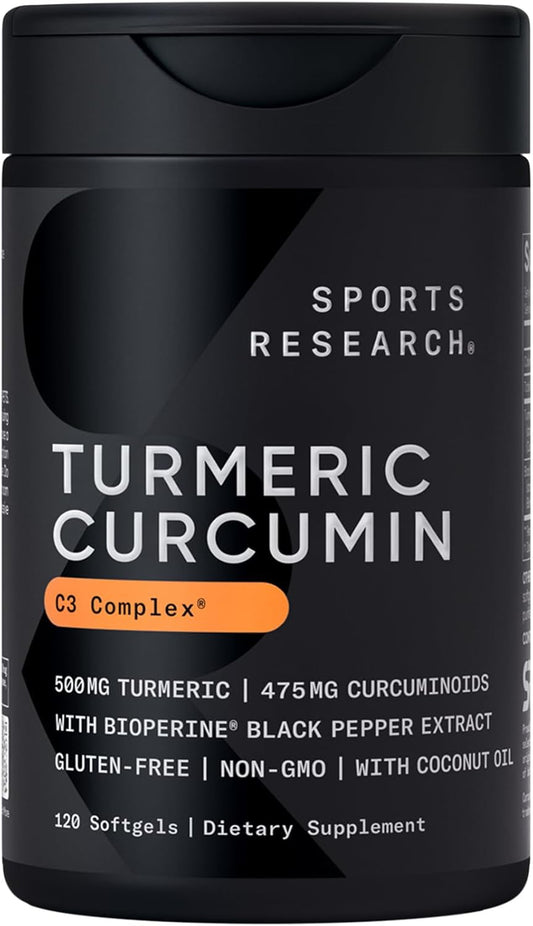 Sports Research Turmeric Curcumin C3 Complex - Bioperine Black Pepper Extract & Organic Coconut Oil, Standardized 95% Curcuminoids - Non-GMO Verified & Gluten Free 