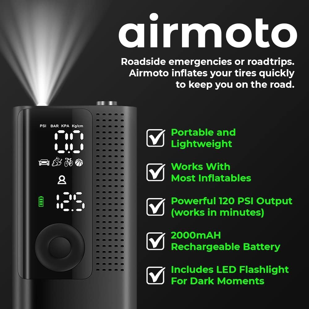 Airmoto Portable Air Pump Tire Inflator - Digital Pressure Gauge, LED Light, & Auto Shut-Off Function 