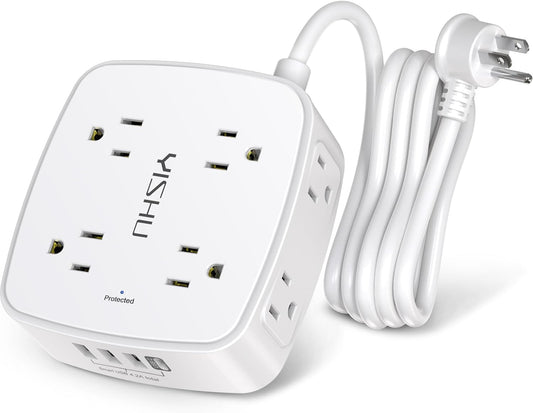 YISHU 6 Ft Surge Protector Power Strip - 8 Wide Outlets with 4 USB Ports - 3 Side Outlet Extender with 6 Feet Extension - Flat Plug 