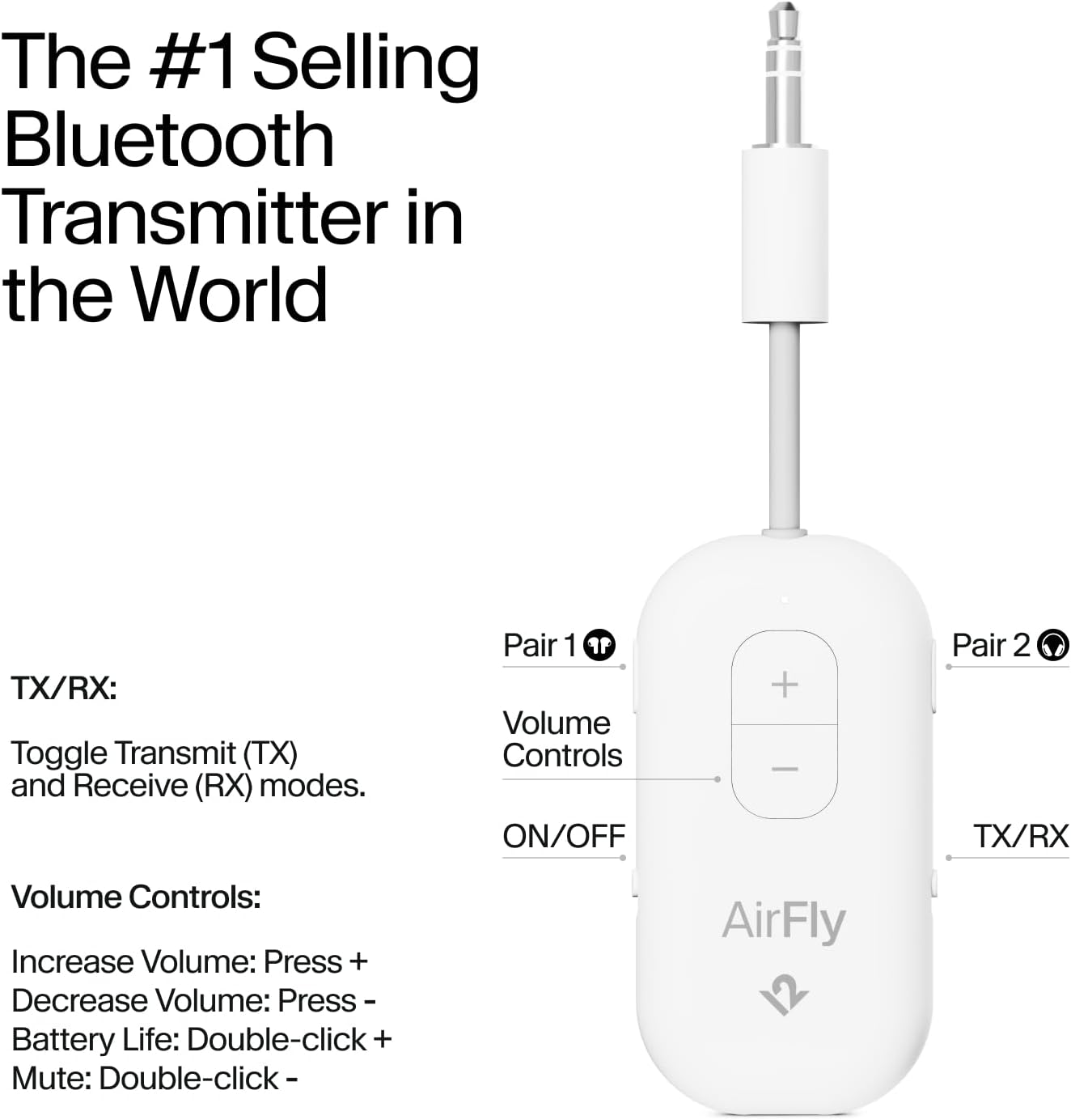 Airfly Pro 2 – Bluetooth Adapter for Airplane - Pairs to AirPods or Wireless Headphones – 3.5mm AUX Bluetooth Transmitter &  Receiver – Airplane Travel Essentials