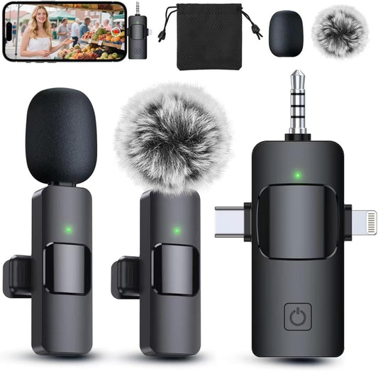 PQRQP 3 in 1 Professional Wireless Lavalier Microphone for iPhone & Android - Crystal Clear Sound Quality for Recording - Content Creation 