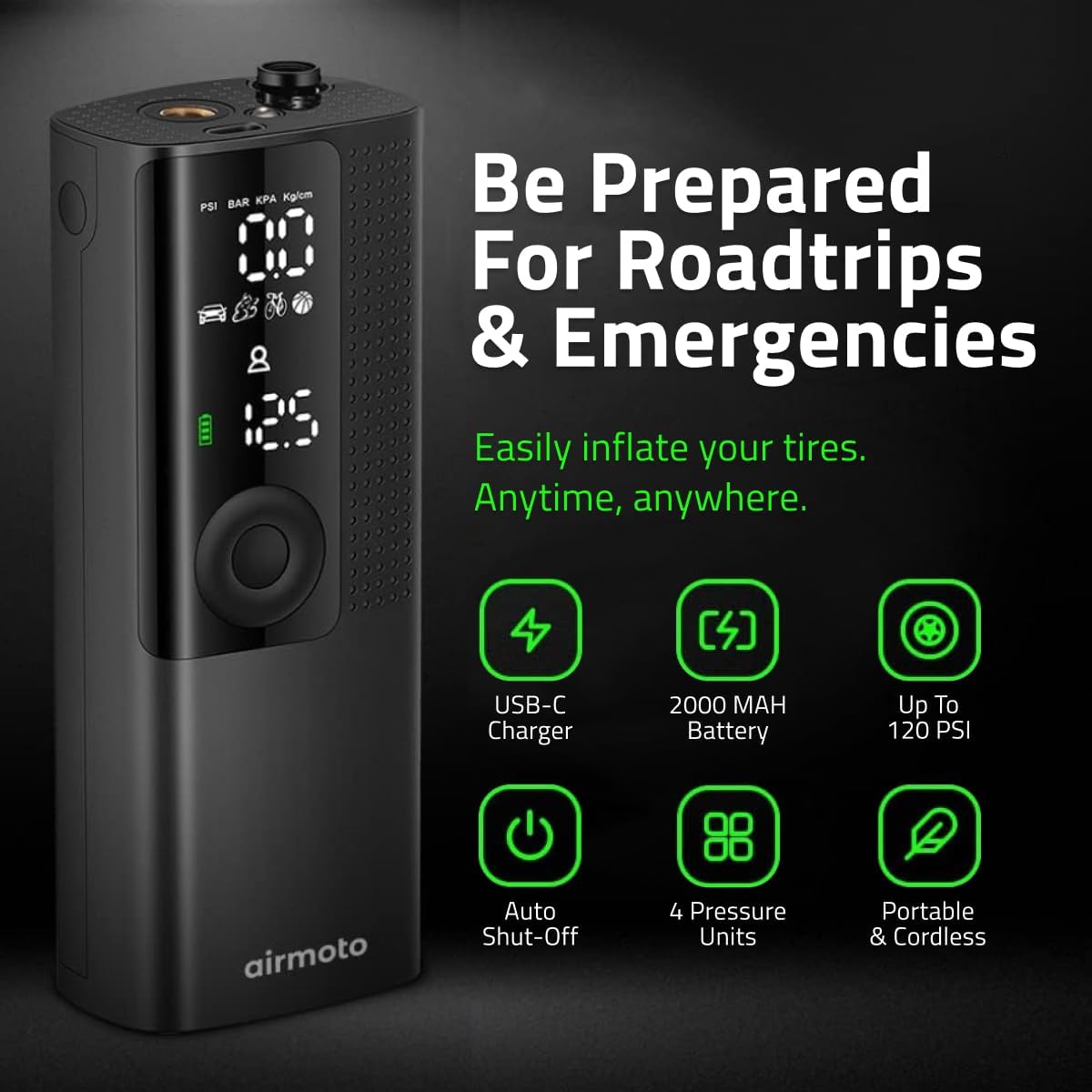 Airmoto Portable Air Pump Tire Inflator - Digital Pressure Gauge, LED Light, & Auto Shut-Off Function 