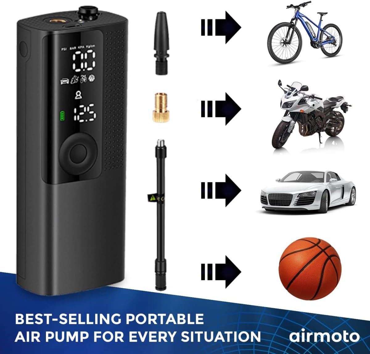 Airmoto Portable Air Pump Tire Inflator - Digital Pressure Gauge, LED Light, & Auto Shut-Off Function 